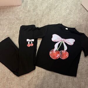 Kids Black Cherry Print Pajama Set with Pink Bow, NWOT 12Y
